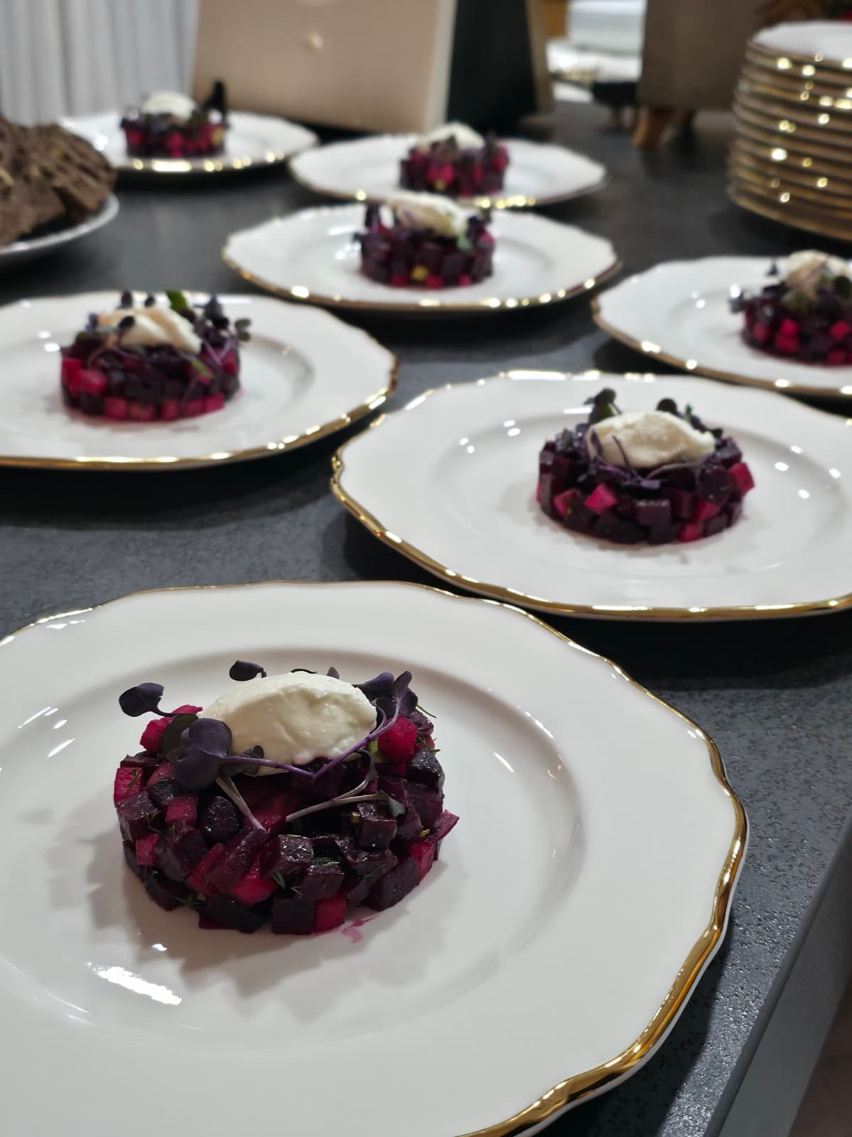Fine dining beetroot dishes plated for a private event